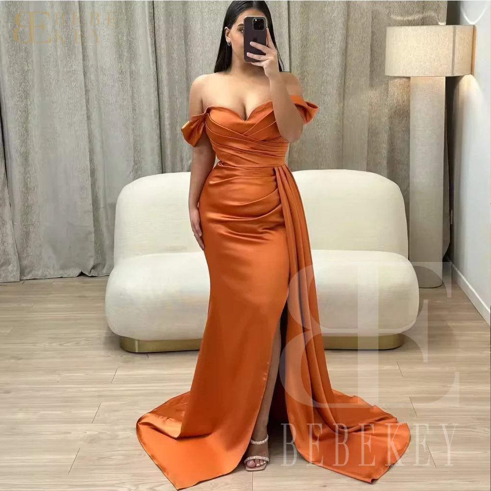BEBEKEY Elegant Off-the-Shoulder Satin Bridesmaid Dress Orange with Side Split Customized Evening Formal Gown for Wedding Party