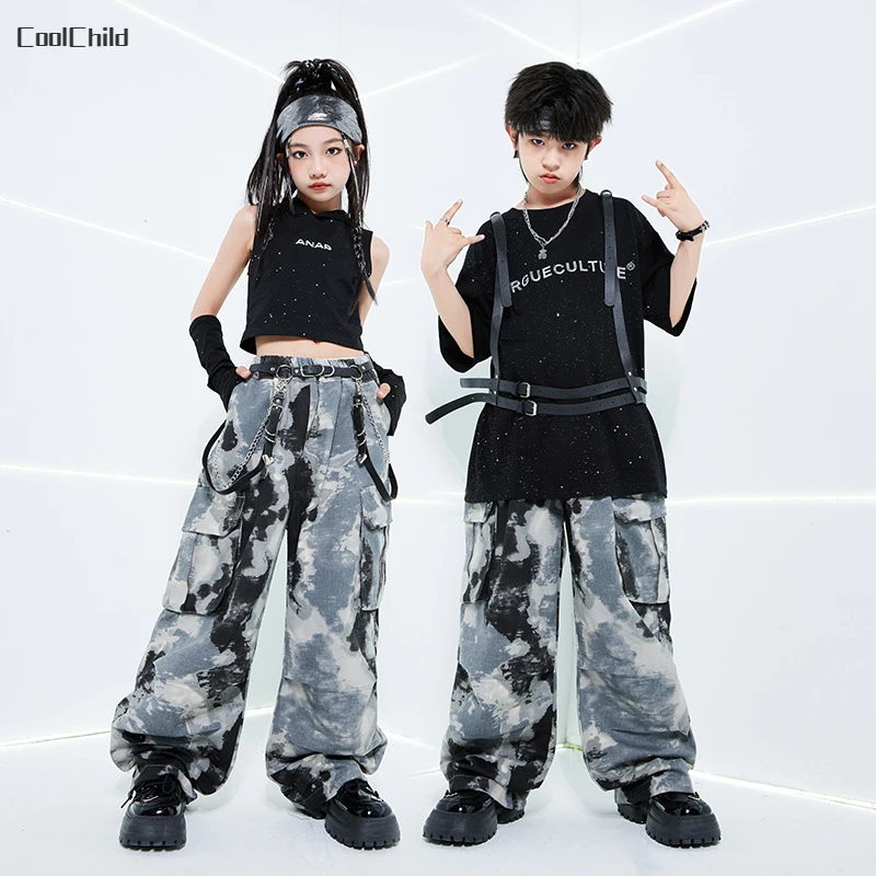 Girls Hip Hop Cool Crop Hoodies Tie Dyed Cargo Pants Boys Street Dance T-shirt Kids Streetwear Teens Costumes Jazz Clothes Sets