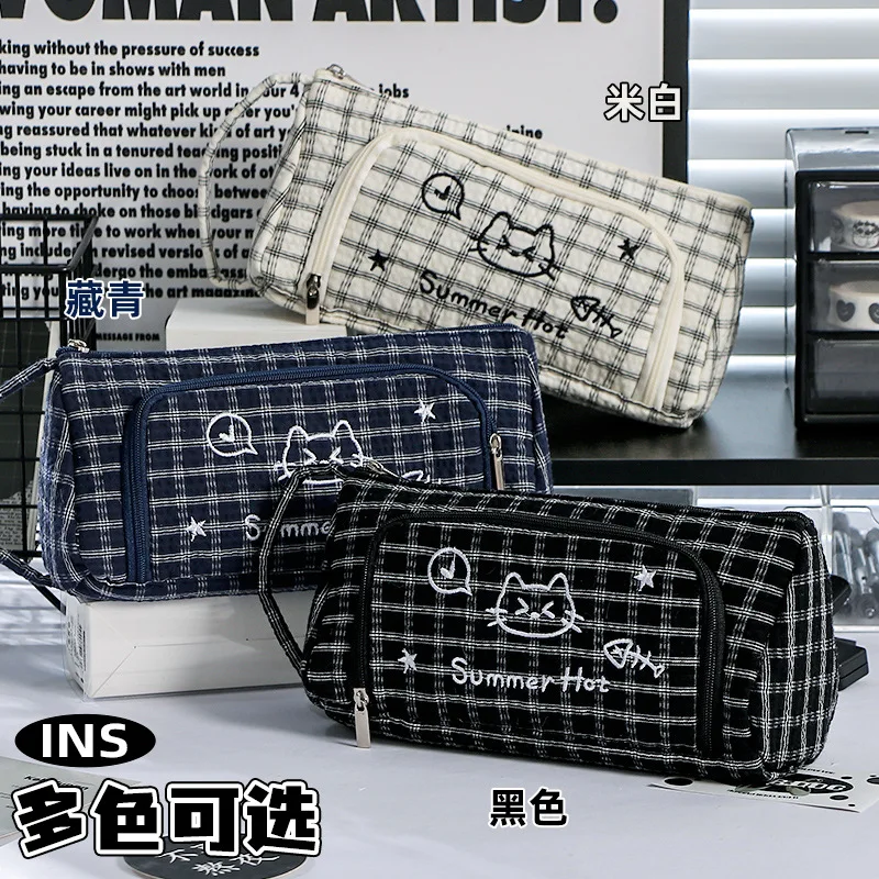 Classic Grid Pattern Pencil Case Durable Zipper Build pencil bag Student Practical Daily School Stationery Supplies