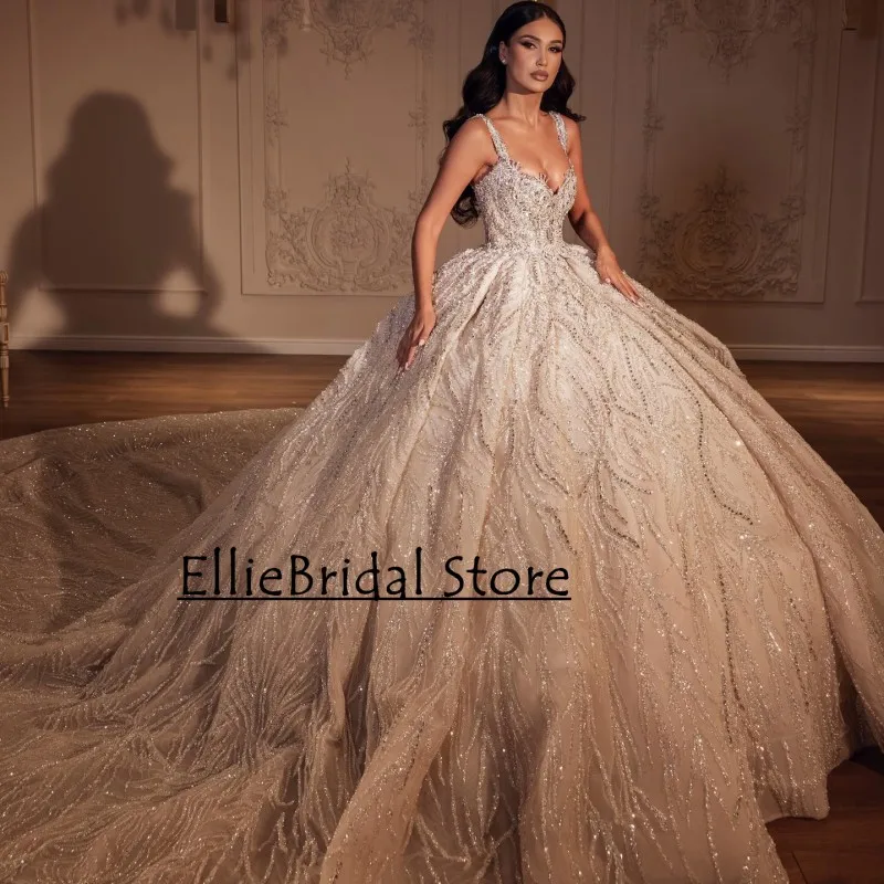 

Dubai Wedding Dresses For Brides Luxury Applique Sequin Beading Pincess Women Bridal Gown Chapel Traina biti da sposa Customized