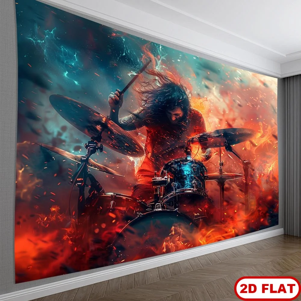 Rock Drummer Fire Tapestry 2D Flat Wall Hanging Heavy Metal Music Art Decor for Living Room Bedroom Band Fabric Poster
