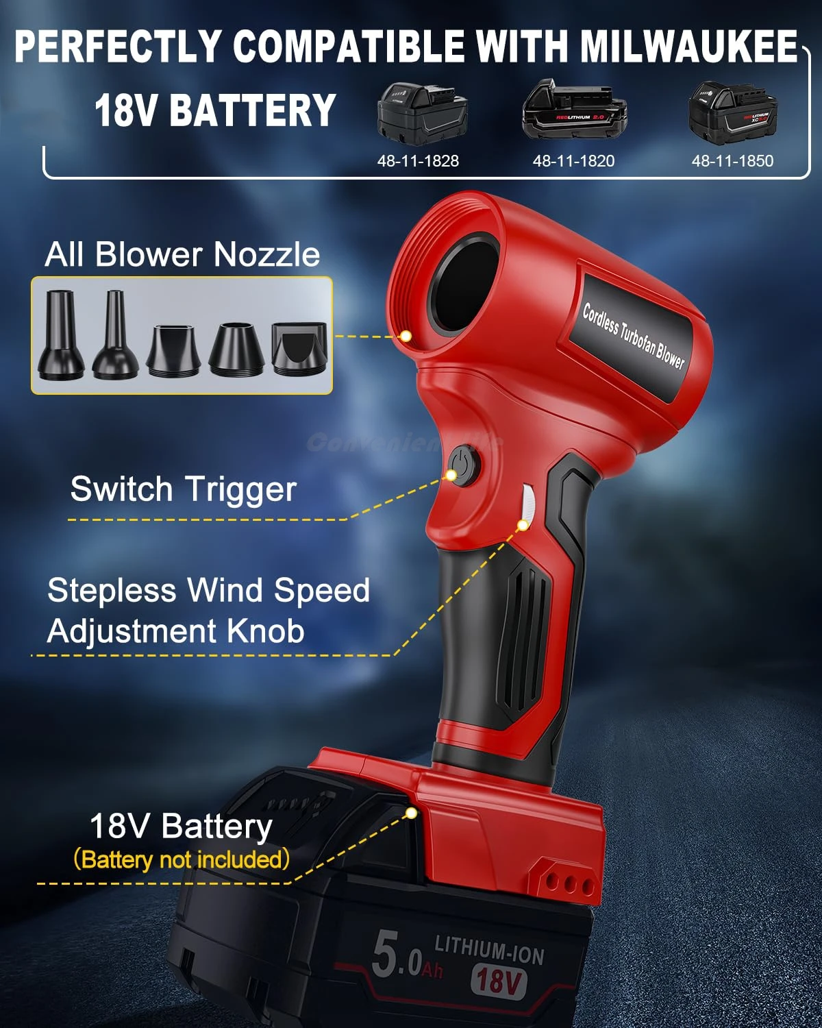

130000RPM Brushless Violent Turbo Fan for Milwaukee M&18 18V Battery Violent Wireless Fan Adjustable Air Blower Turbo Dust Blowe