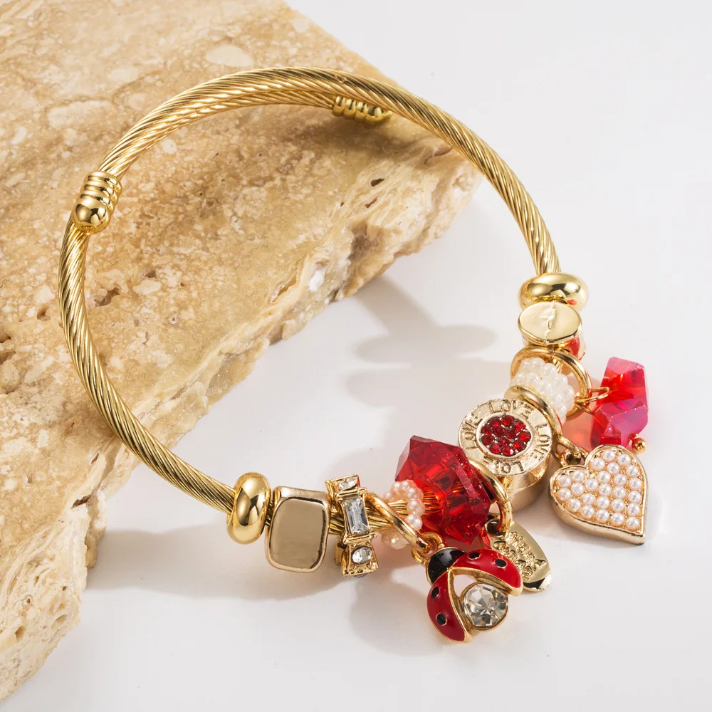New versatile stylish beaded stainless steel bracelet, ladybug & heart pearl pendant, trendy best friend adjustable bangle