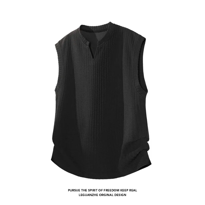 Male Notched V Neck Sleeveless Casual Vest Ribbed Knit Breathable Material Loose Silhouette For Outdoor Daily Dressing