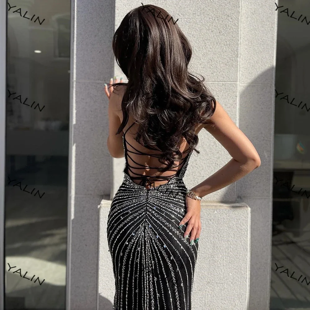 YALIN Exquisite Mermaid Prom Dresses V-Neck Spaghetti Strap Sweep Train Party Gowns Glitter Beading Sequin Evening Dress Vestido