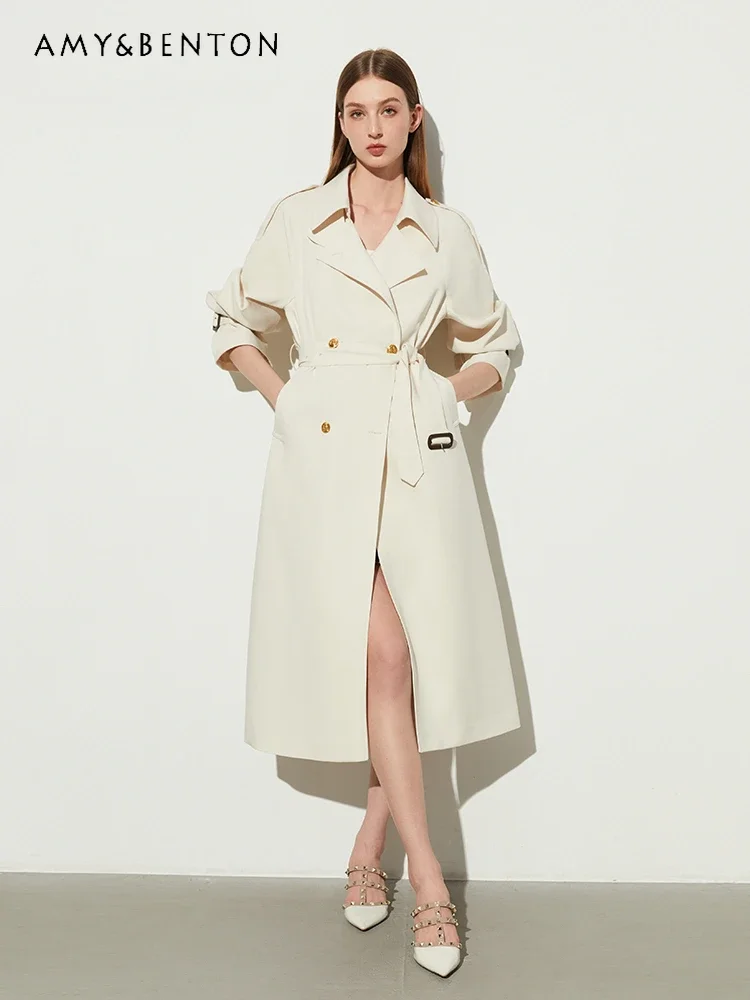 2024 Autumn Temperament Commuter Style Cross-neck Double-breasted Trench Coat Women High-end Belt Strap Slim Mid-length Trench