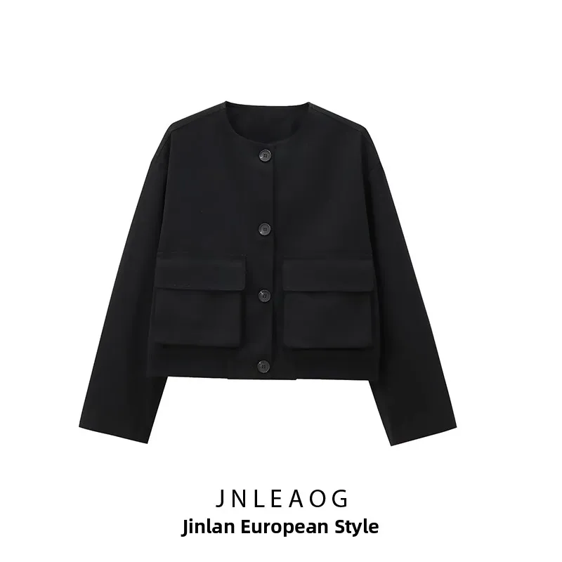 JNLEAOG Autumn New Women's Faion Design ket Decorated Pilot Jaet Coat Polyester Stand Fit Ladies Outerwear