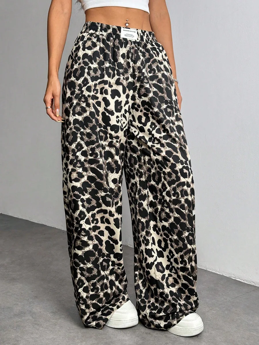 2025 Autumn New Hot Selling Sports Style Leopard Print Casual Mid Waist Loose Leg Pants for Women