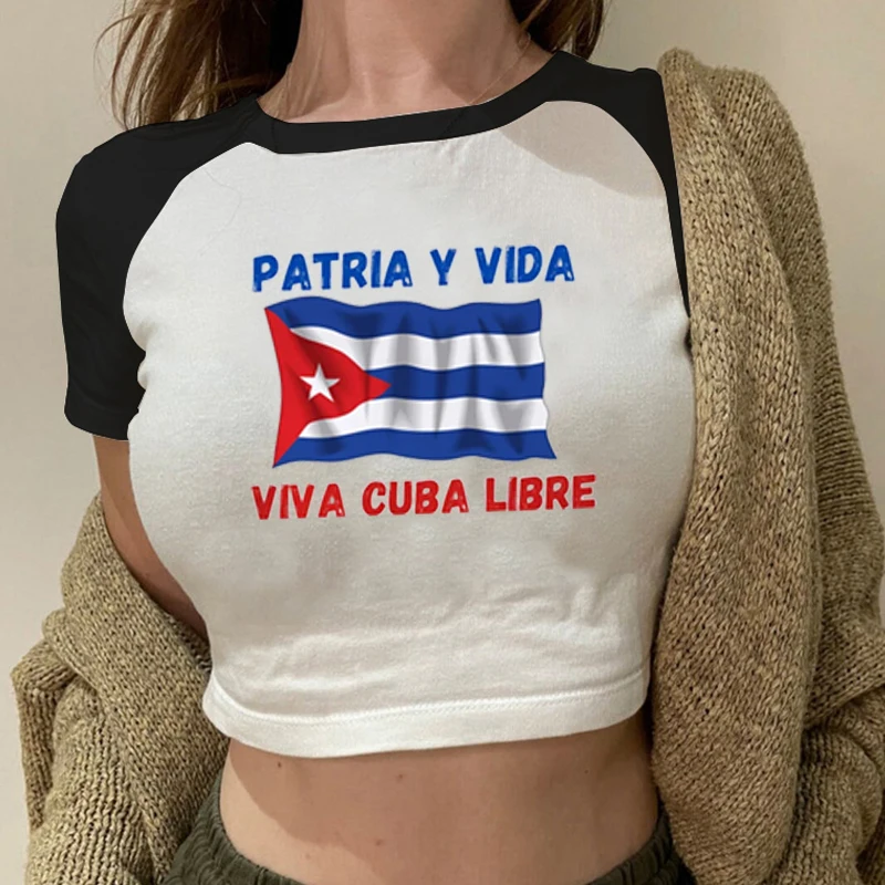 Patria Y Vida Women\'s Cropped Top Cuba Cuban Flag T-Shirt Homeland and Life Patria Y Vida Sos  Viva Cuba Libre Sexy Hot Girl Top