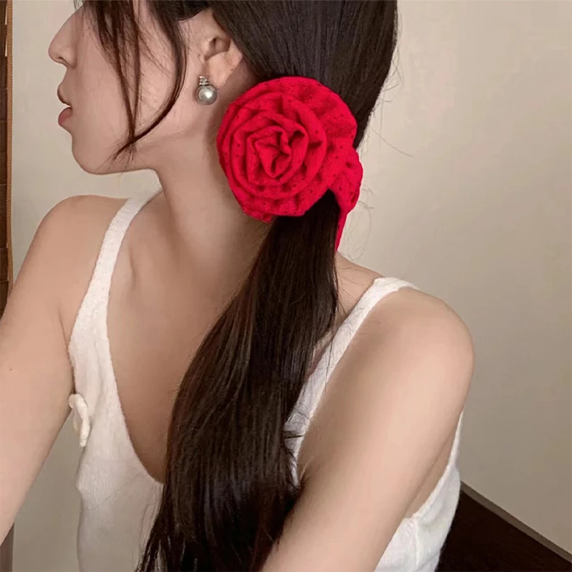 Women Red Rose Flower Elastic Hair Band For Women Girls Hair Rope Ties Flower Hair Scrunchie Ponytail Holder Hair Accessories