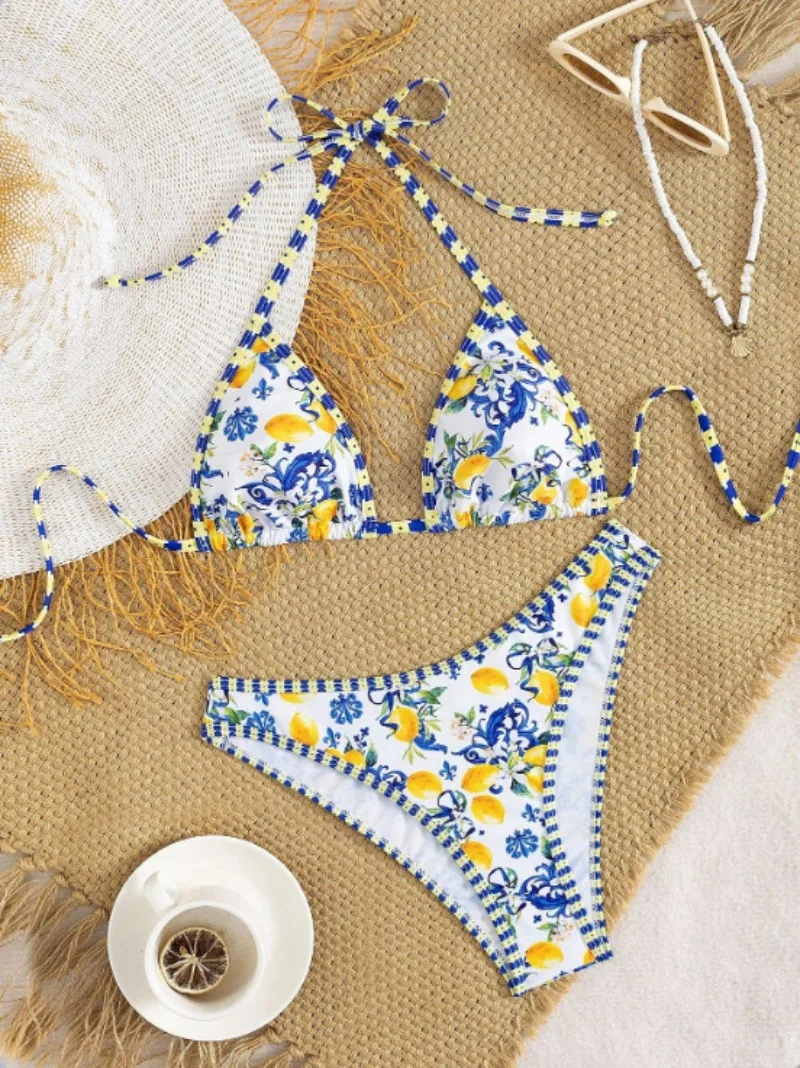 sexy lemon fruit micro striped bikinis sets two pieces back tie swimsuits bathing suit swimwear biquini tankini trikini
