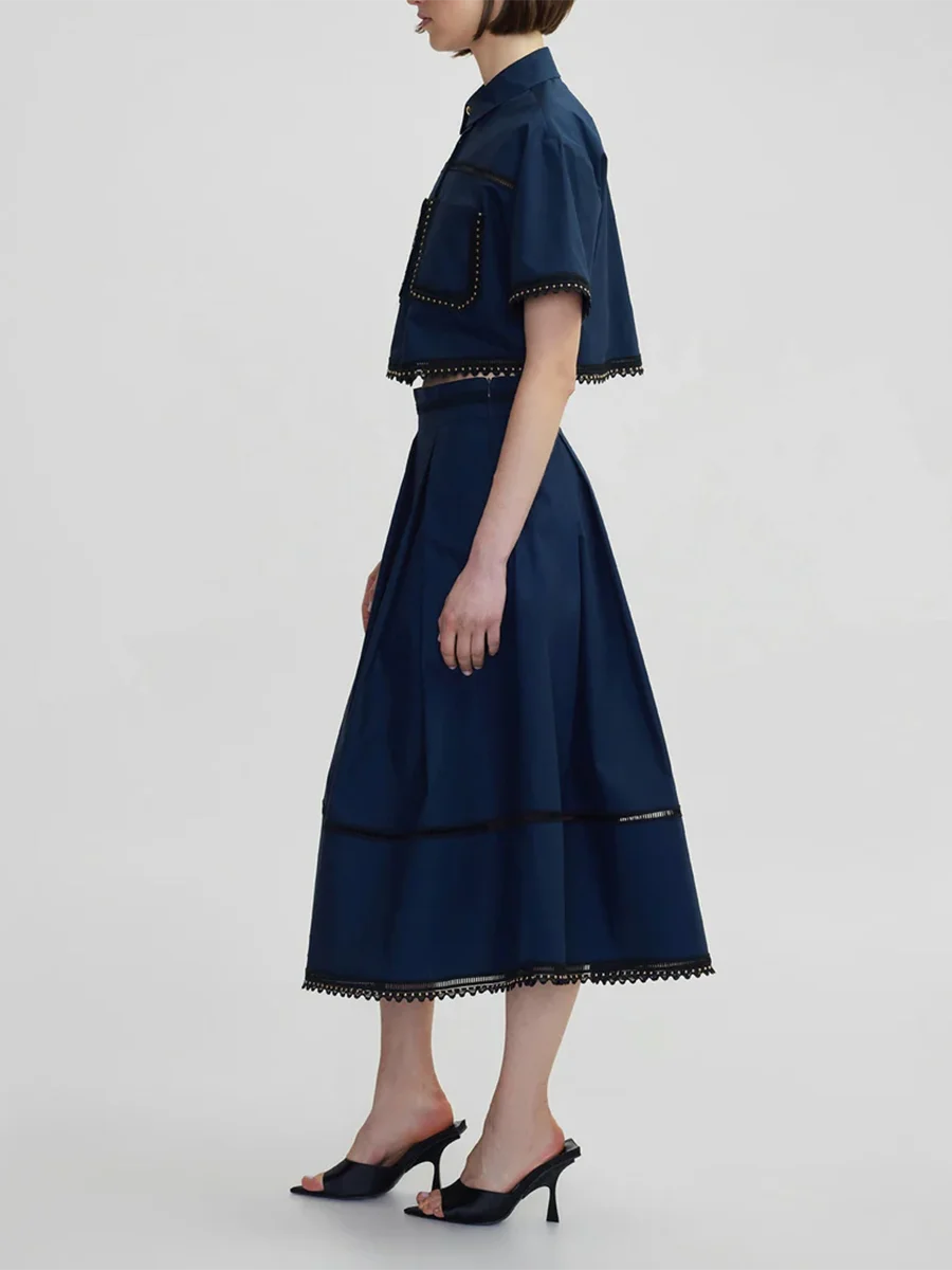 TWOTWINSTYLE Solid Two Piece Sets For Women Lapel Short Sleeve Tops High Waist A Line Skirt Slimming Sets Female Fashion Style