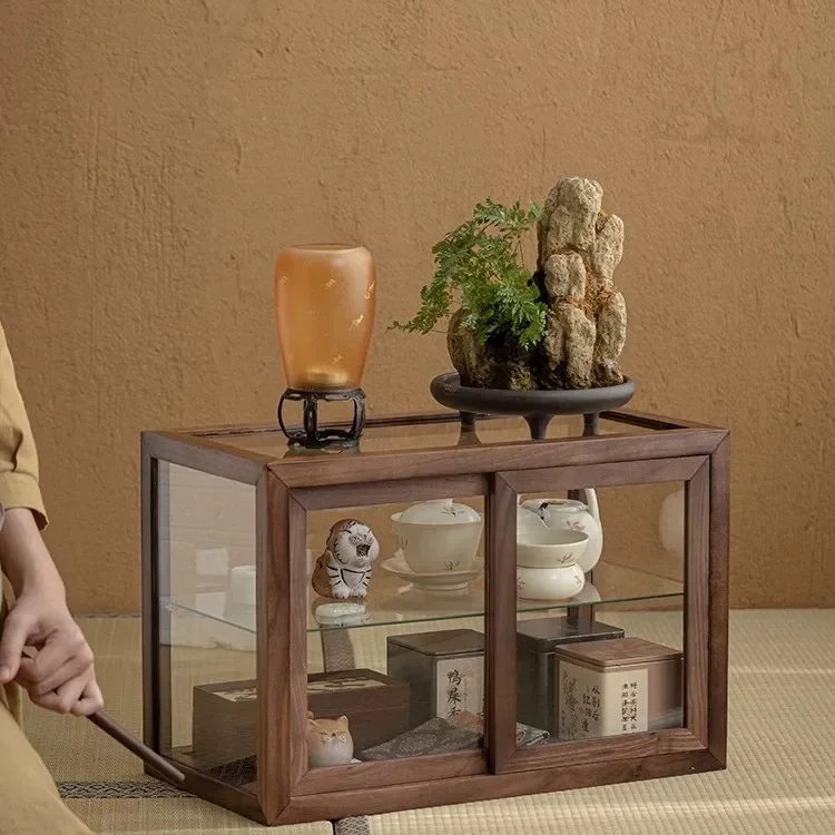 Walnut solid wood glass storage, desktop display case, dust-proof storage, figure, teacup set, utensils