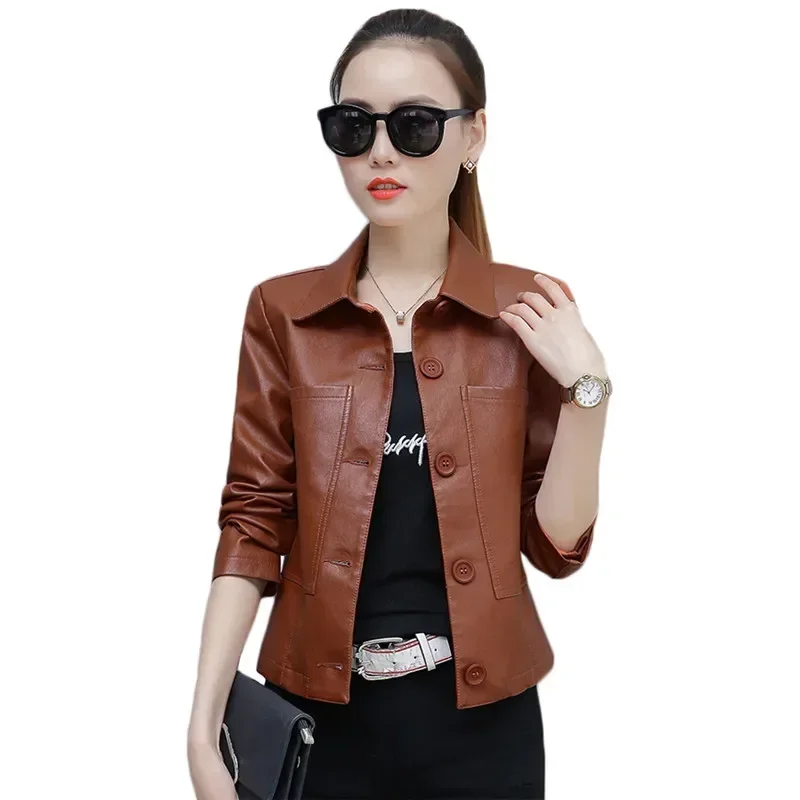 

Leather Jacket Women Caramel Short Slim PU Coat 2024 New Spring Autumn Korean Fashion Chic Clothing