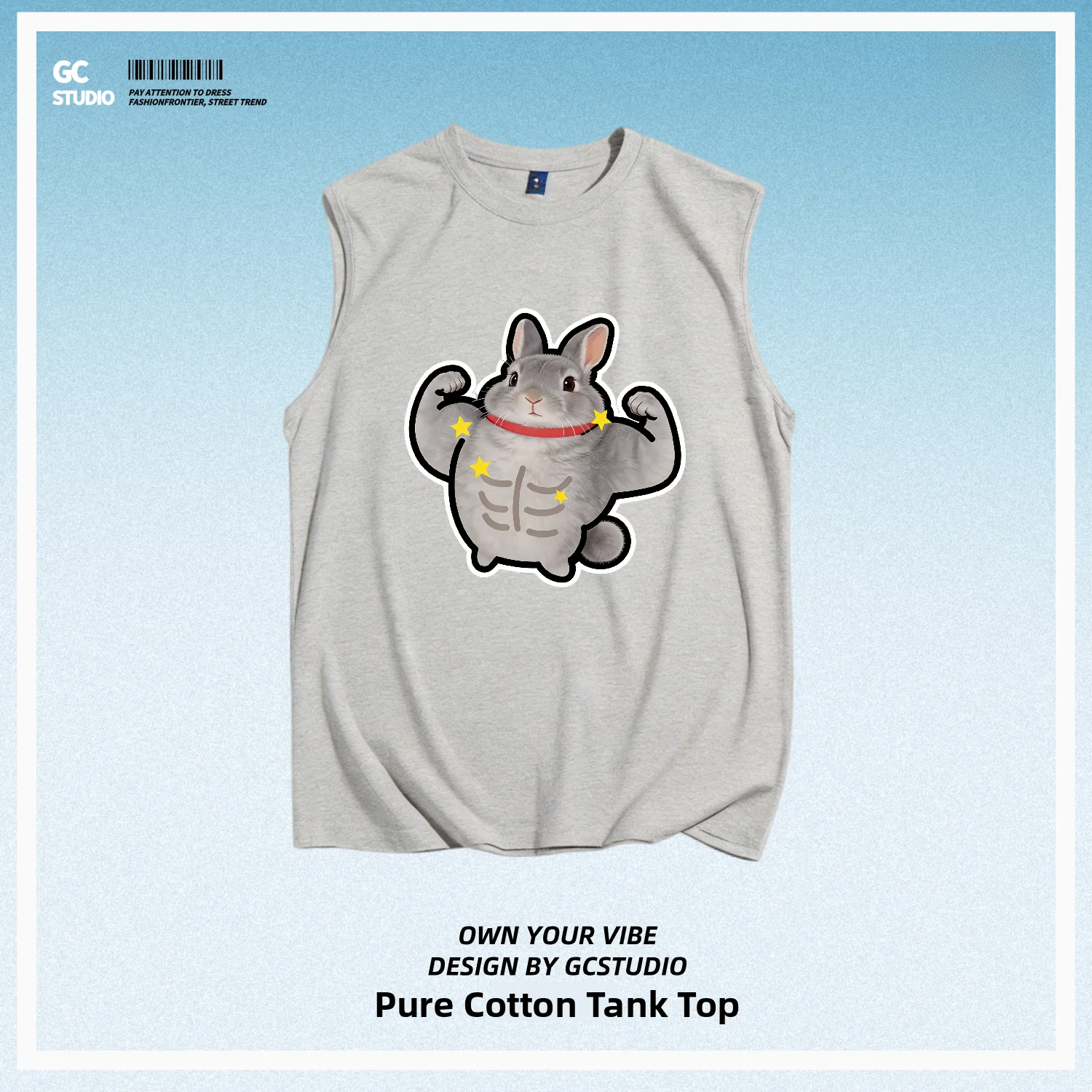 Grey Muscle Fitness Rabbit Print Loose Cotton Vest Breathable Sports Women's Style Regular Fit Printed Cotton Youth Fashion