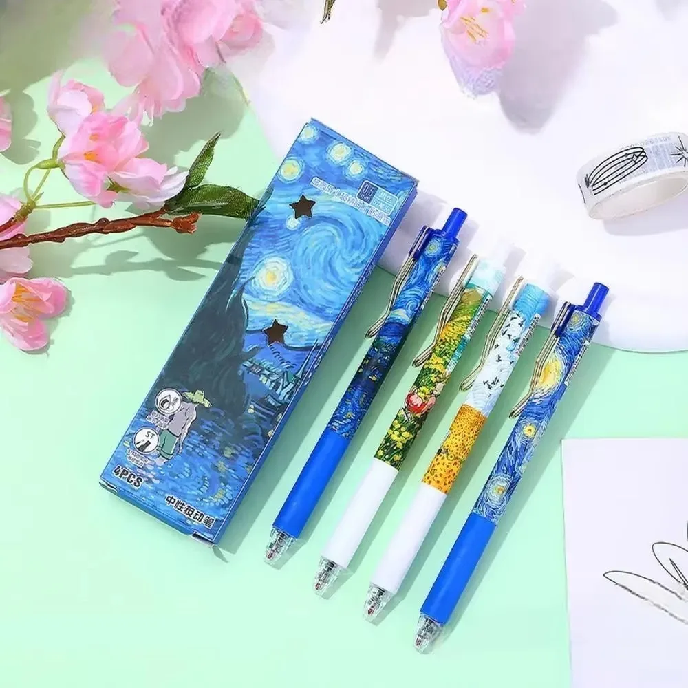 4Pcs/Box Trendy Van Gogh Oil Painting Press Gel Pen Black Ink ST 0.5mm Ballpoint Pens Stationery Quick-Drying Pens Student Exam
