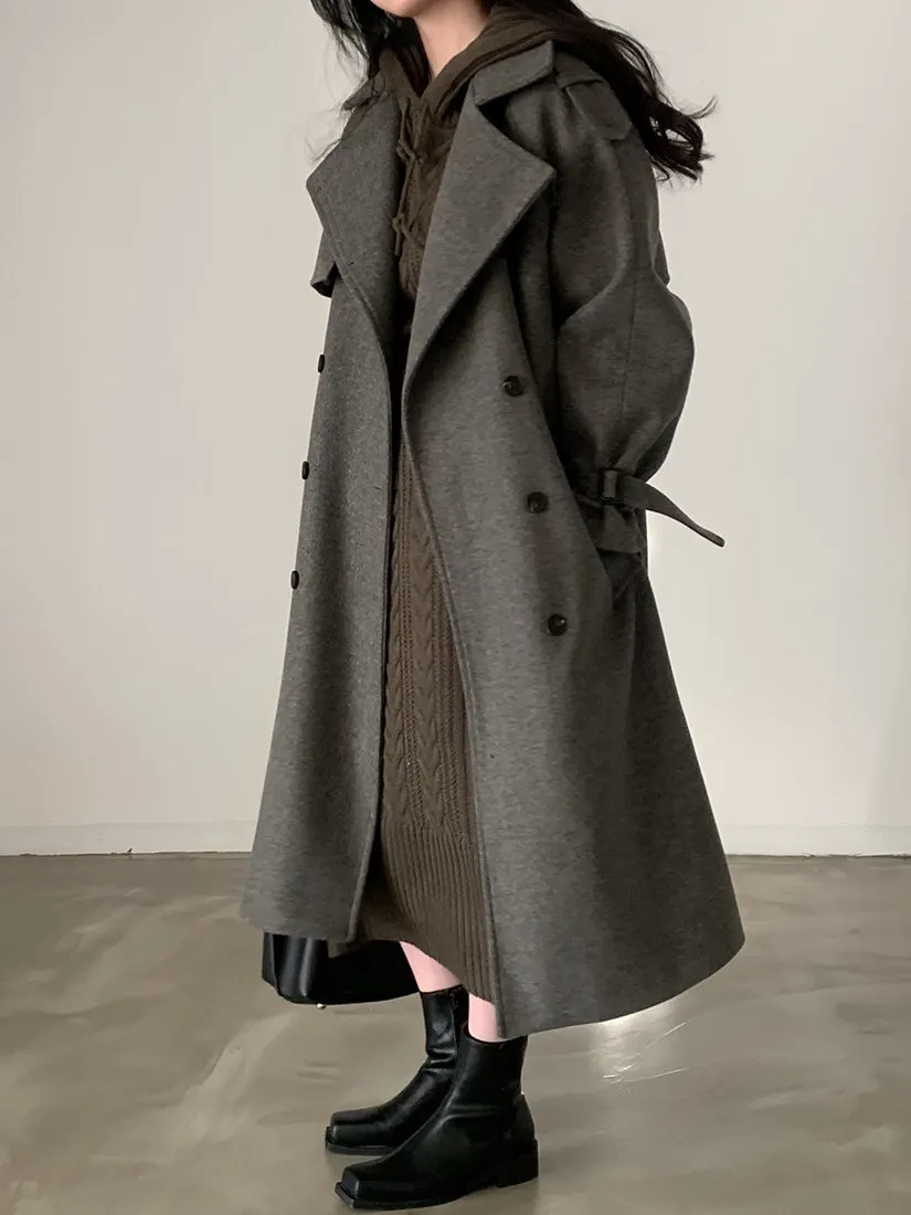 Abrigo de lana de invierno con doble botonadura y cuello de traje Retro elegante, abrigo largo de longitud media para mujer, abrigo largo de Color puro