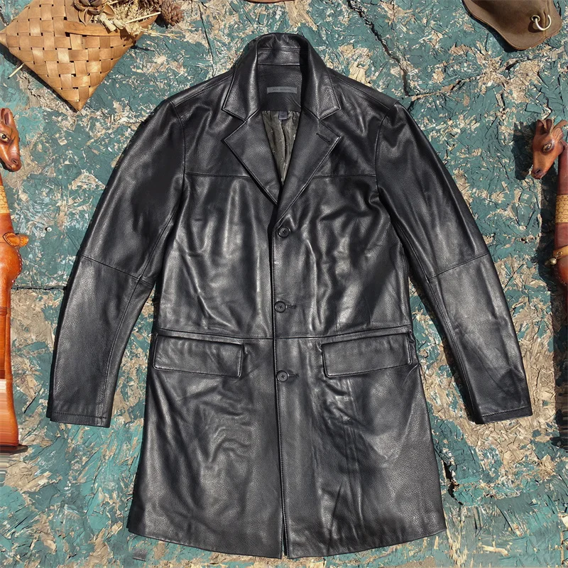 

Sheepskin leather jacket men's medium and long slim suit