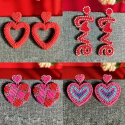 2024 Trend Aesthetic Seed Beaded Jewelry Valentines Day Gift Pink Red Letter Love Double Heart Shape Drop Earrings for Women Her