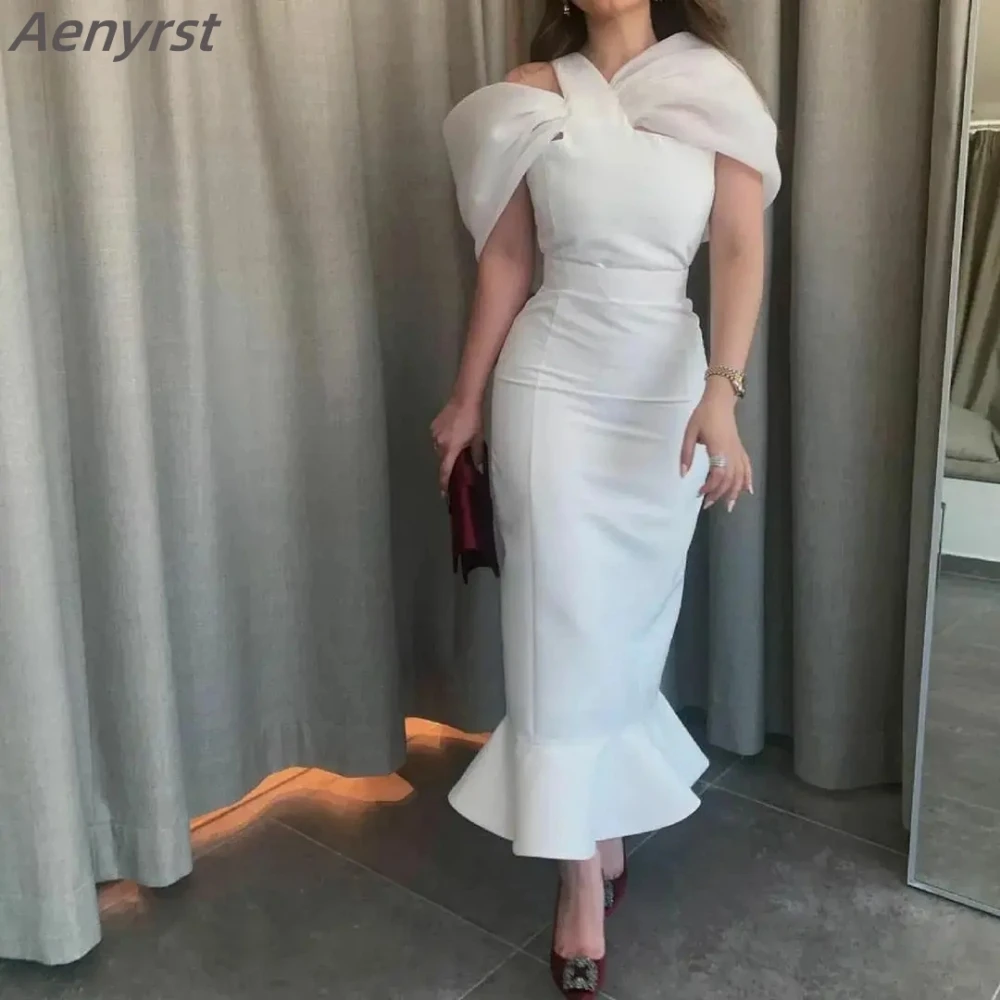 

Off the Shoulder Pleat Ruched Saudi Arabic Prom Dress Ankle-Length Mermaid Evening Dresses White Formal Occasion Party Gowns