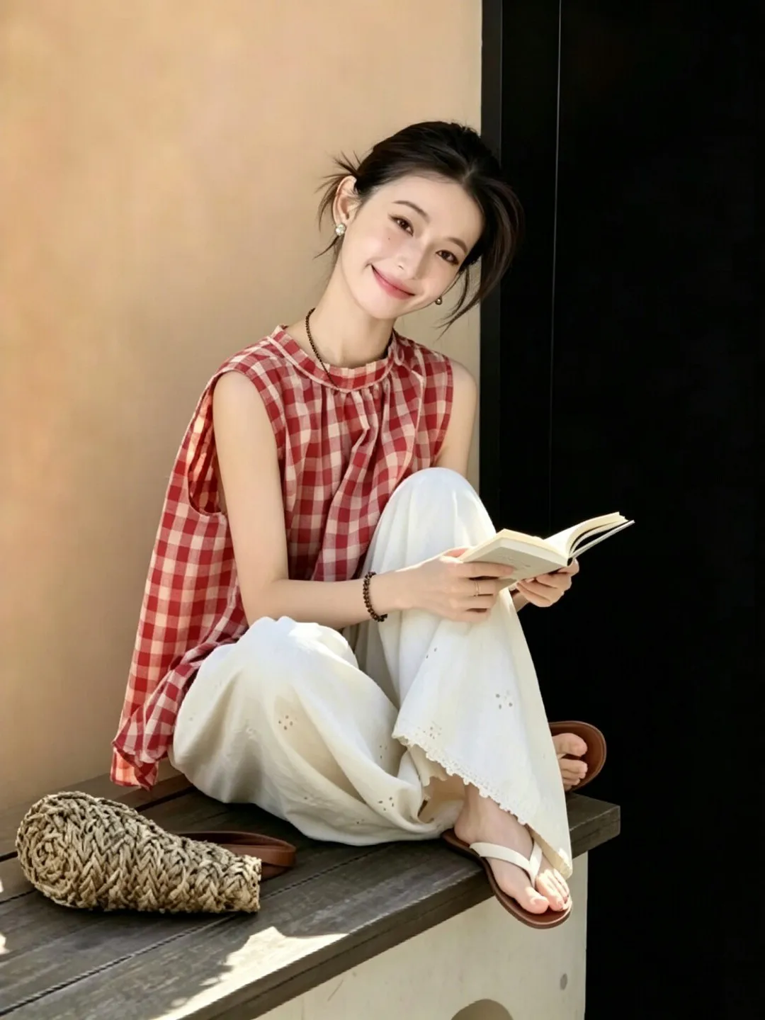

Japanese Style plus Size Summer New Loose round Neck Doll Shirt Women's Sleeveless Checkered Top Breathable Cotton 100%
