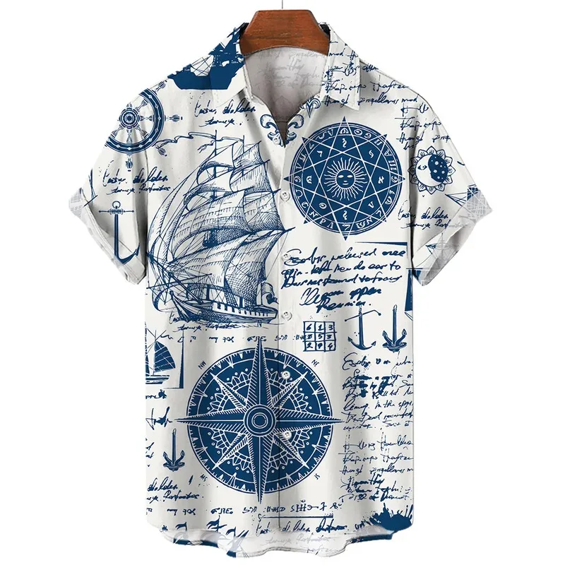 Men's summer fashion nautical graphic 3D printed short-sleeved casual top, men's beach shirt, oversized loose shirt, Camissa