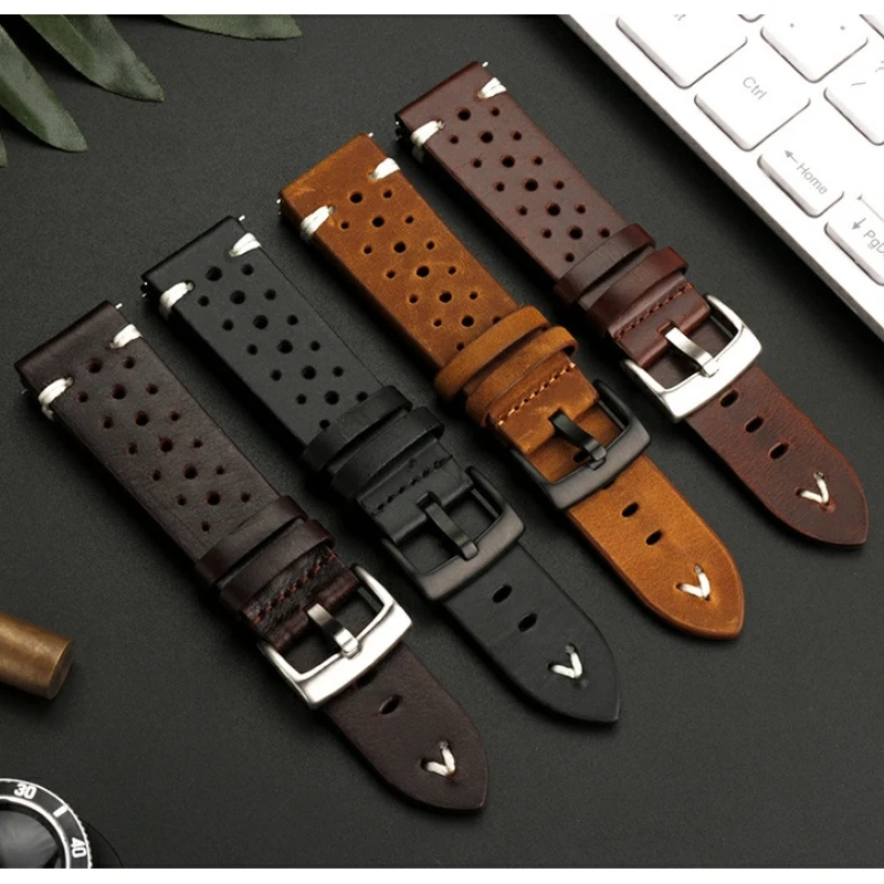 Genuine Leather Watch Straps Hand-made Oil Wax Cowhide Watchband for Men Sport Porous Breathable Bracelet 20mm 22mm Wristband