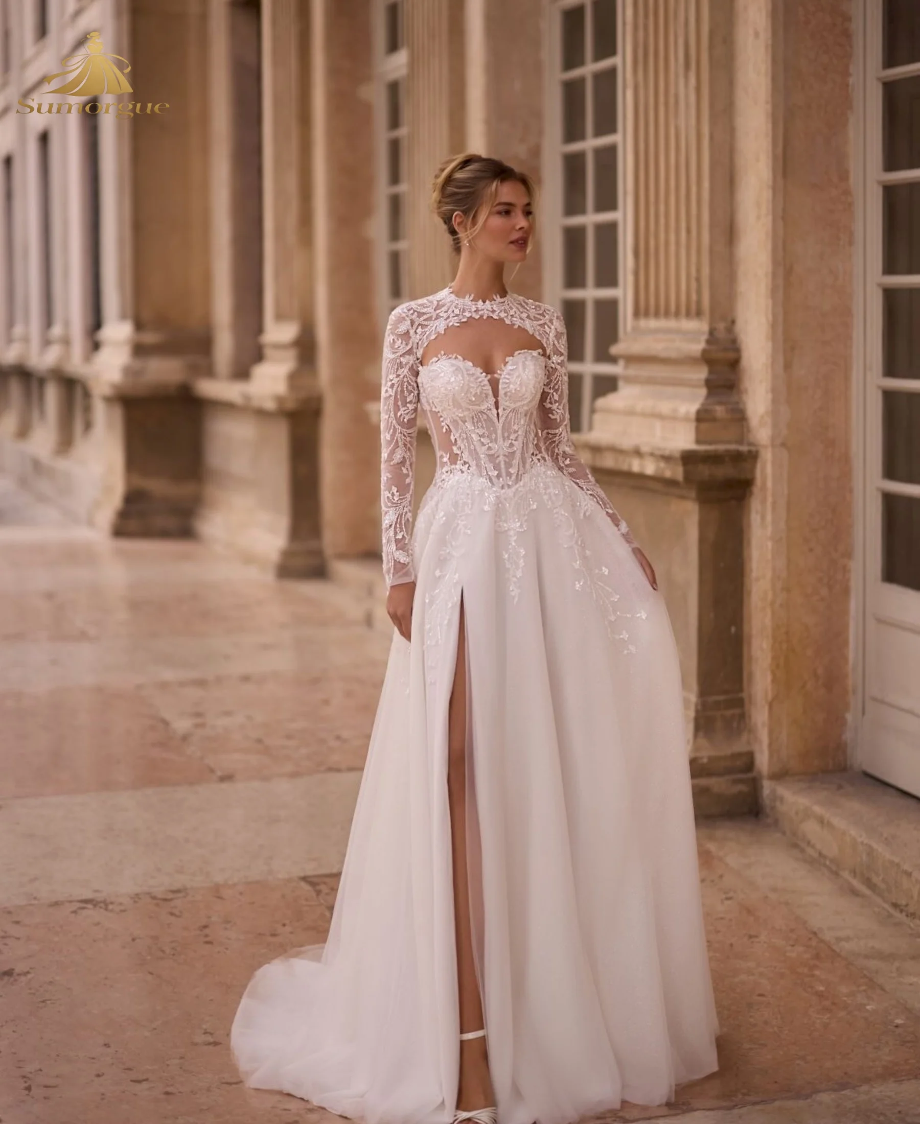 Strapless Lace Wedding Dresses A Line Long sleeves Bridal Gowns with Removable Lace Jacket Vestidos De Novia Customized