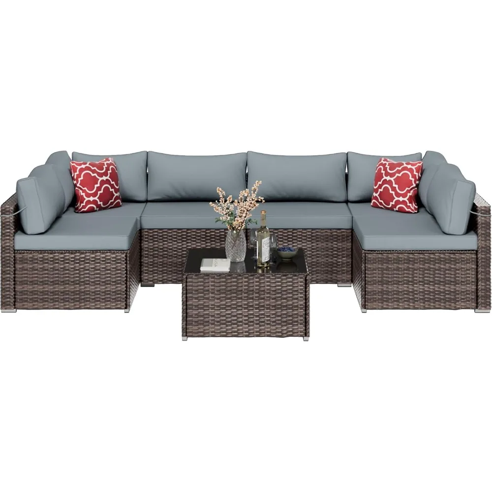 

7-piece Set of Terrace Furniture, Brown PE Rattan Sofa with Waterproof Pad, Tempered Glass Coffee Table and 2 Pillows