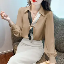 Autumn New Fashion Patchwork V-neck Long Sleeve Blouse Ladies Bright Line Decoration Loose Chiffon Temperament Women's Shirt