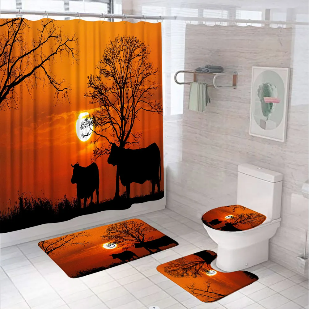 

Rustic Cow Shower Curtain Set Farm Animal Sunset Tree Grassland Scenery Bathroom Curtains Non-Slip Bath Mat Rug Lid Toilet Cover