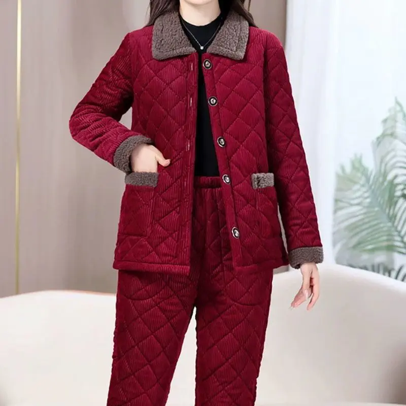 

Winter New Cashmere Thickened Suit Female Middle-aged Mother with Fashion Warm Corduroy Cotton-padded Pants Two-piece SetComfort