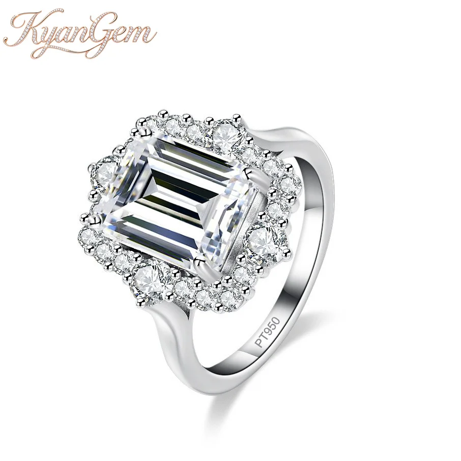 KyanGem Platinum PT950 Emerald-Cut 4 Carats Moissanite Ring for Women with Lavishly Set Fancy Rectangular Diamond