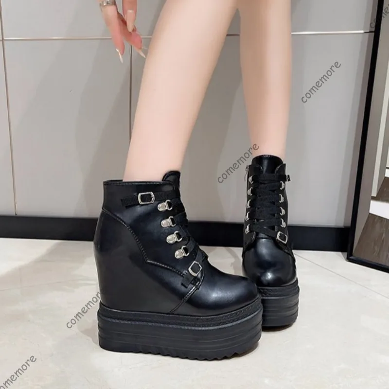 

Height Increased Short Boots Women's Size 34-42 Wedge Platform Shoes Side Zipper Street Style Trendy Thick Sole High Heel Shoes