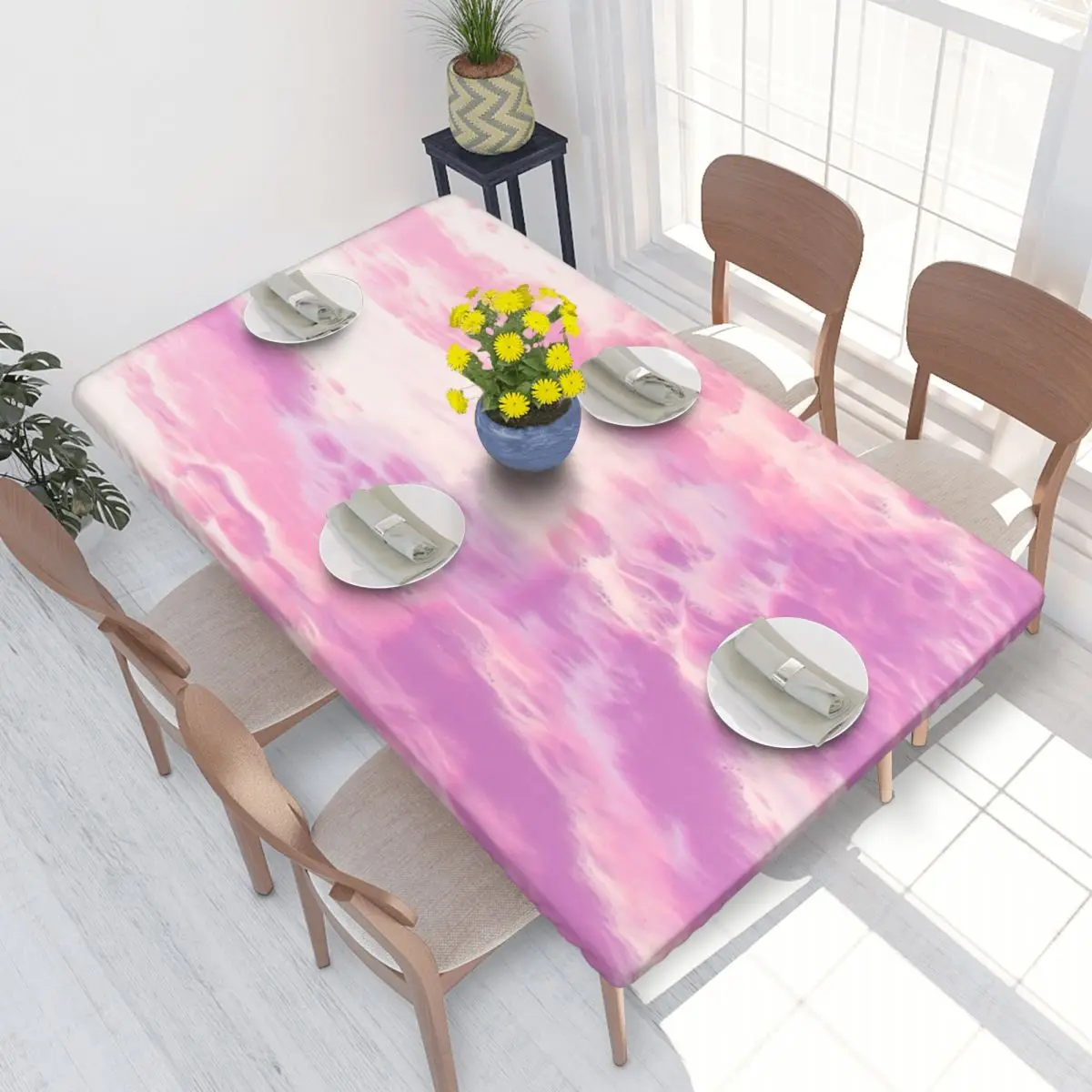ผ้าปูโต๊ะลายตารางสี่เหลี่ยมกันน้ำมันย้อมสีชมพูแบบดั้งเดิมผ้าคลุมโต๊ะผ้าปูโต๊ะย้อมสี4FT แบบดั้งเดิม