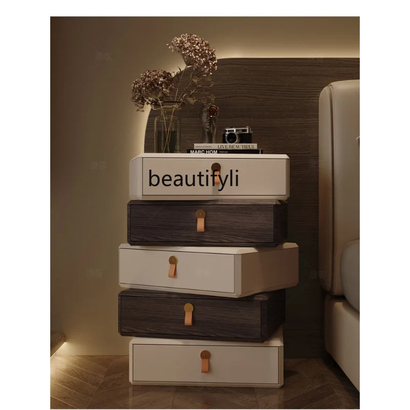 

Minimalist Solid Wood Rotating Bedside Table High-End Modern Leather Bed Side Table
