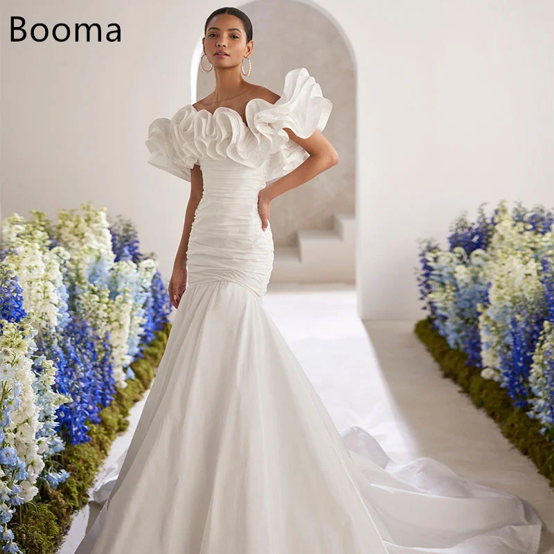 

Booma Simple Mermaid Wedding Dresses Off The Shoulder Sleeveless Satin Pleat Brides Gown Custom Made 2025