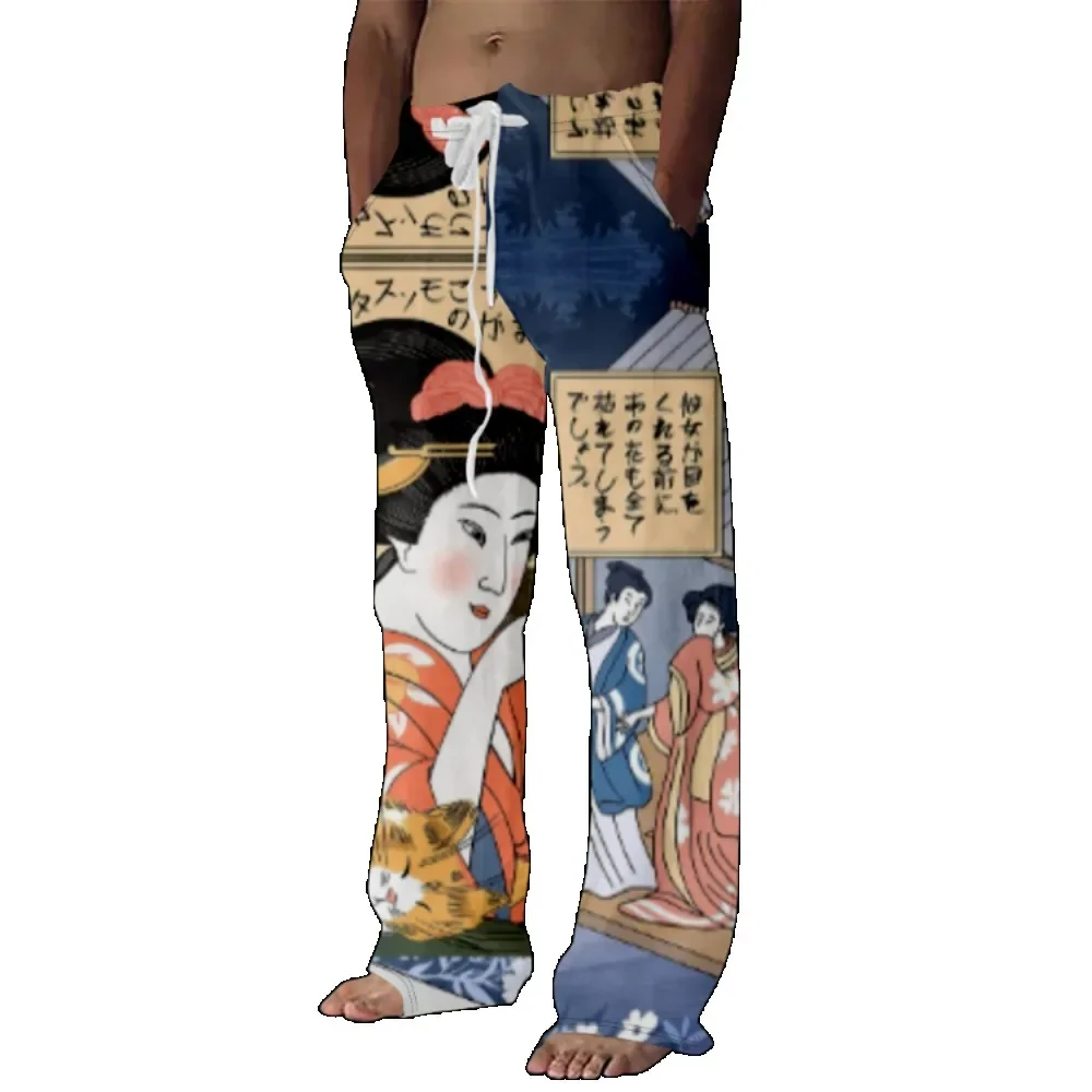 Estilo Ukiyoe Imprime Meme Calça Perna Larga, Harajuku Calça Casual, Calças Hipster, Streetwear Sweanants, Cultura do Japão Vestuário, Verão