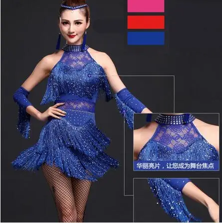 Femmes/filles/dame nouveau Sexy frange Salsa/salle de bal/Tango/Cha Cha/Rumba/Samba/robes latines bleu rouge robe de danse latine pour la danse