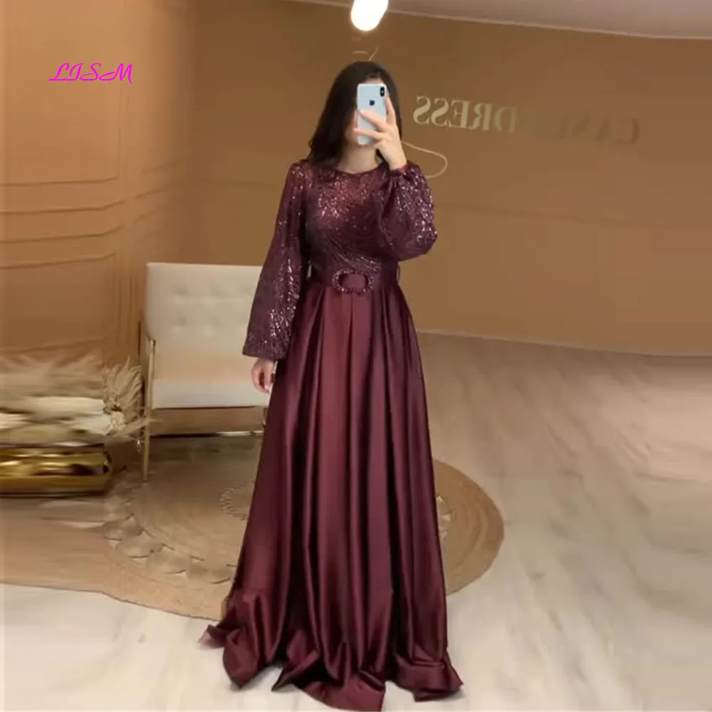 

LISM Dark Burgundy Shiny Lace Satin Evening Dresses O-Neck Puff Long Sleeves Mother Formal Gowns Elegant Women Dress for Wedding