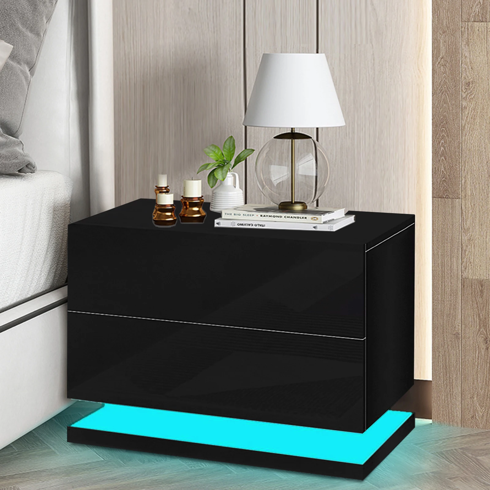 50×35×43cm Modern Bedside Table Nightstand Cabinet High Gloss 2 Drawers with LED Light for Bedroom