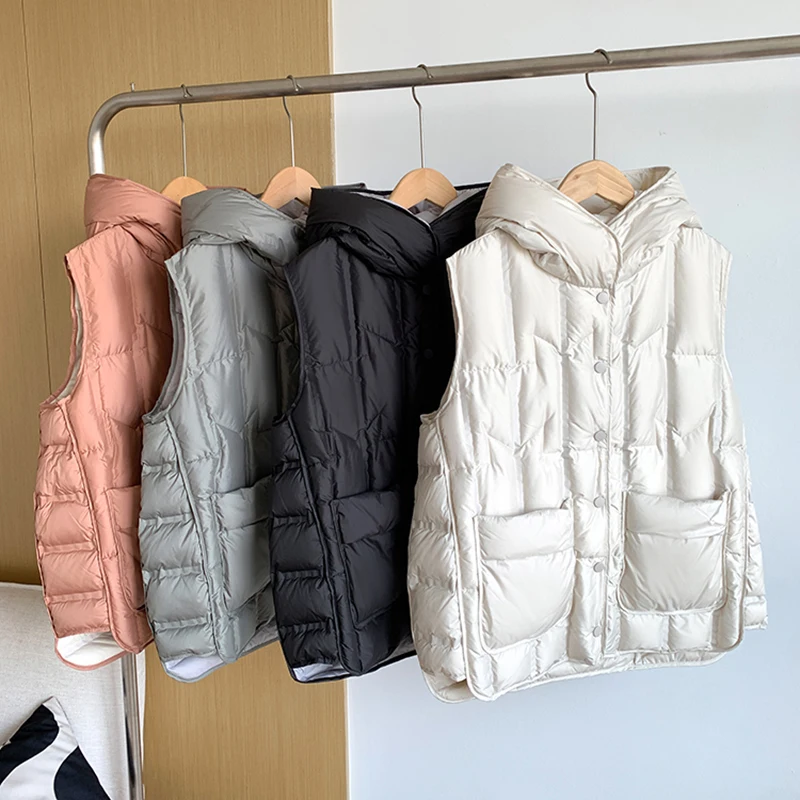 

Autumn Winter Hooded Lightweight Down Vest Women White Duck Down Sleeveless Vest Female Single Breasted Warm Quilted Waistcoat