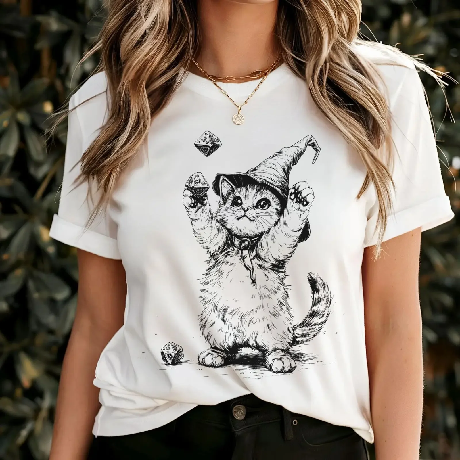 Wizard Cat D20 Dice T Shirt Fantasy Tabletop RPG Gamer D Sword Sorcery Role Playing for TTRPG Lovers vintage Washed fashion