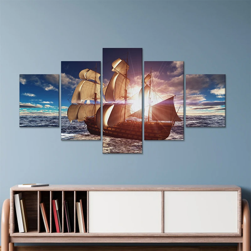 5 Panel Set Canvas Painting Sunrise On The Sea Ship Away Giant Sailboat Living Room Office Conference Room Wall Decorations