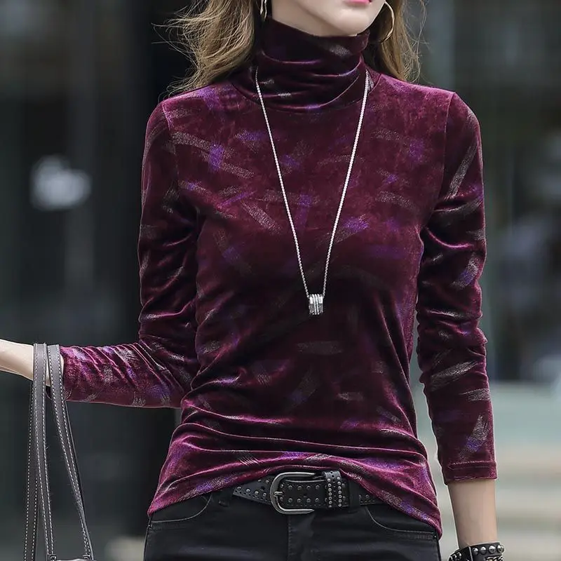 Velvet Women's Clothing Slim T-shirt Commute Autumn Winter Vintage Printed Casual Turtleneck Chic Flocking Long Sleeve Pullovers