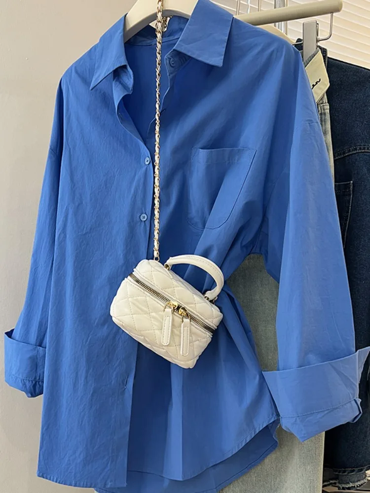 

Женская рубашка Klein Blue с длинным рукавом, весна 2026, новая, свободного кроя, с защитой от солнца, хлопковая, повседневная, с воротником, на пуговицах