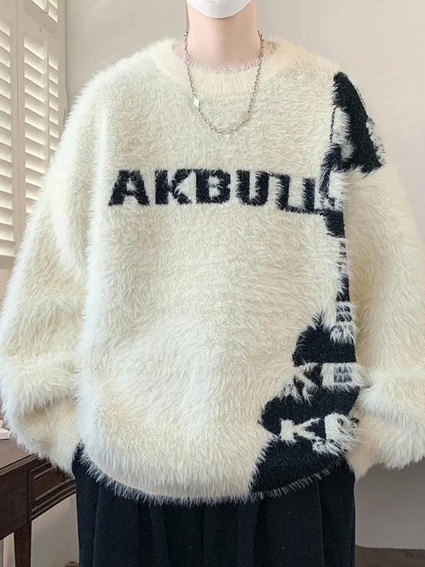 

Мужской теплый вязаный свитер с буквенным принтом, ленивый Sle, зимняя верхняя одежда из искусственной норки, повседневная модная городская свободная посадка