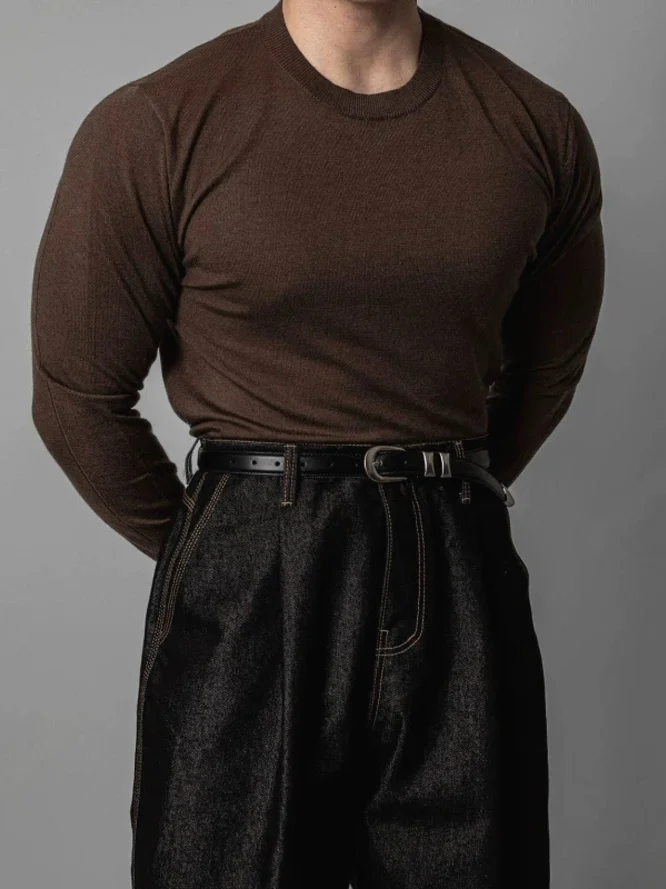 

American Sle Knitted Sweater Men's Hard Man round Ne Long Sve Thin Modal Wool Base irt Core Yarn Lightweight Winter ...