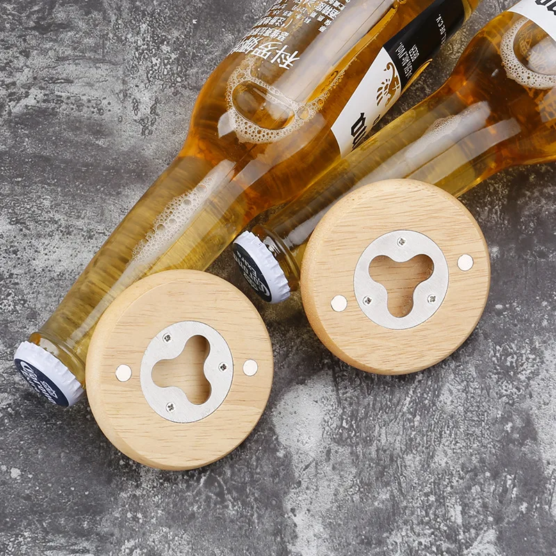 7cm Round Oak Wood Beer Bottle Opener with Magnetic Fridge Magnet, Personalised Logo for Promotion Wedding Gift view 4