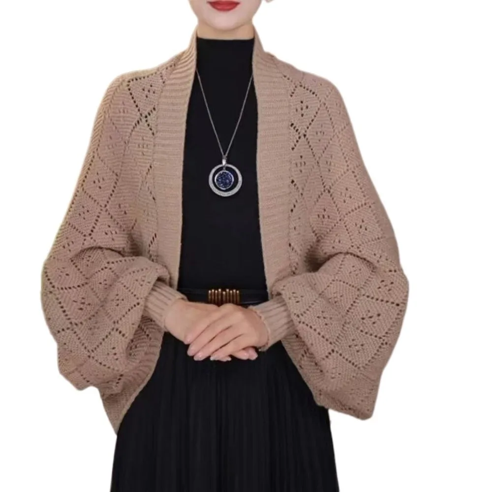 

Solid Color Hollow Out Knitted Cardigan Long Sleeved Loose Fit Women Cardigan Warm Open Stitch Evening Prom Cape Autumn Winter